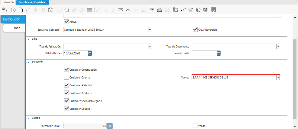 Campo Cuenta del Checklist Cualquier Cuenta de la Ventana Distribución Contable