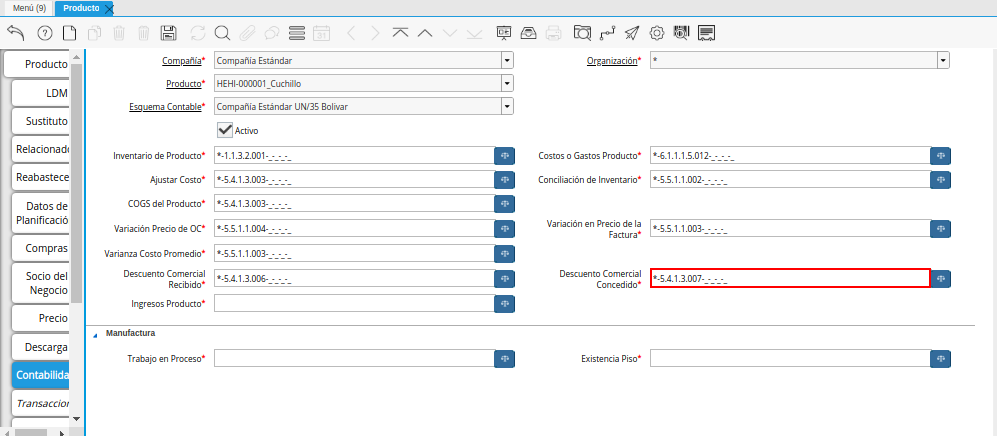 Combinación Contable del Campo Descuento Comercial Concedido