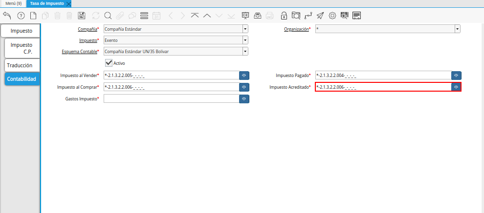 Combinación Contable del Campo Impuesto Acreditado de la Pestaña Contabilidad de la Ventana Tasa de Impuesto