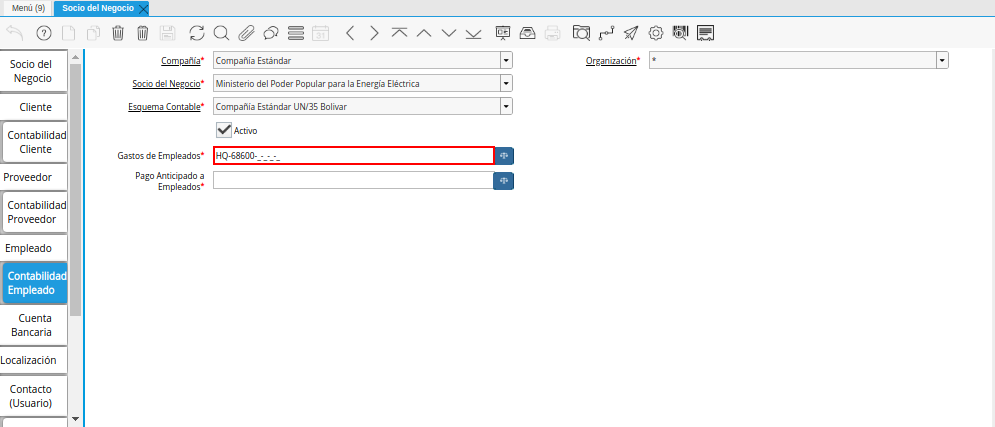 Combinación Contable del Campo Gastos de Empleados
