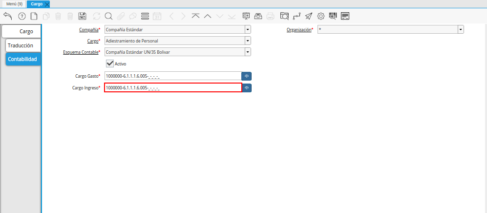Combinación Contable del Campo Cargo Ingreso