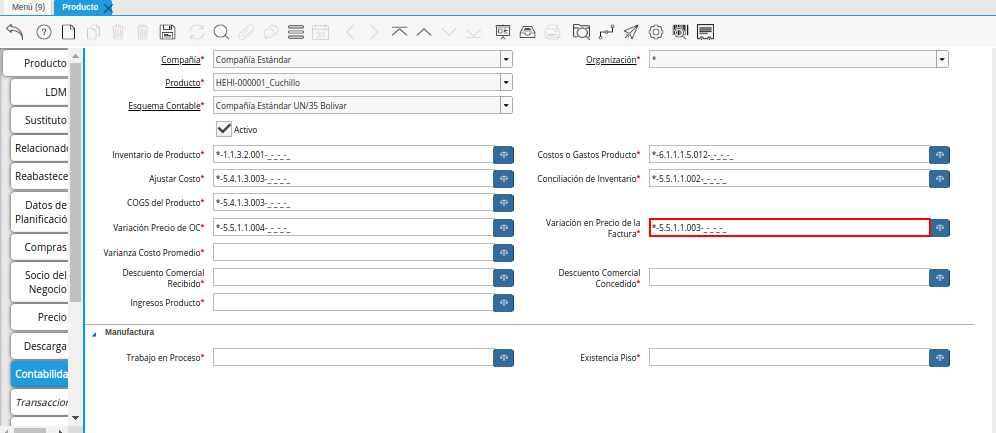 Combinación Contable del Campo Variación en Precio de la Factura