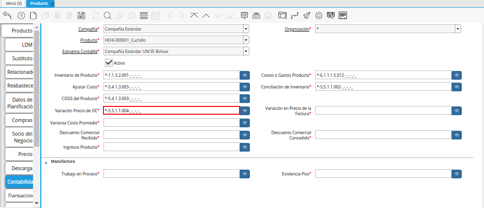 Combinación Contable del Campo Variación Precio de OC