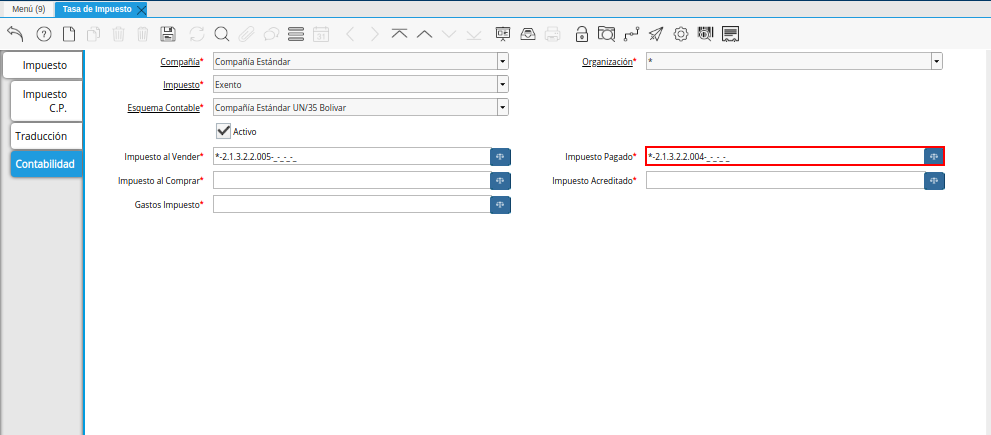 Combinación Contable del Campo Impuesto Pagado de la Pestaña Contabilidad de la Ventana Tasa de Impuesto