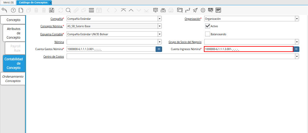 Combinación Contable del Campo Cuenta Ingresos Nómina de la Pestaña Contabilidad de Concepto