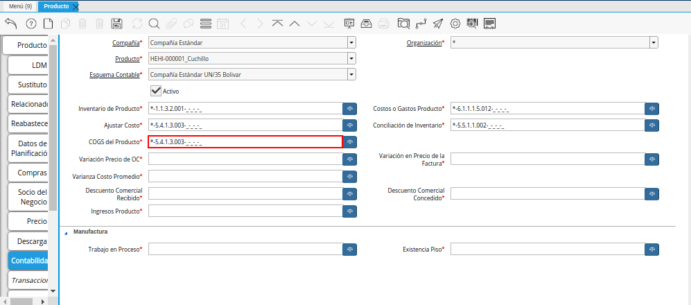 Combinación Contable del Campo COGS del Producto