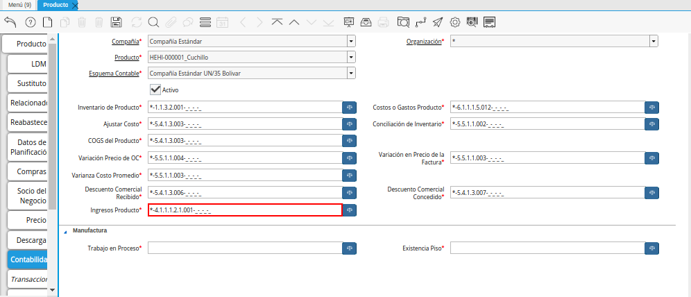 Combinación Contable del Campo Ingresos Producto