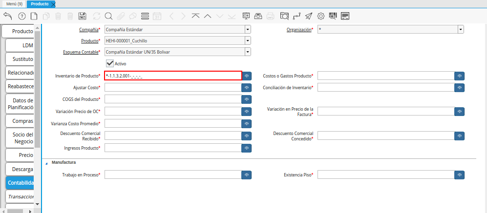 Combinación Contable del Campo Inventario de Producto