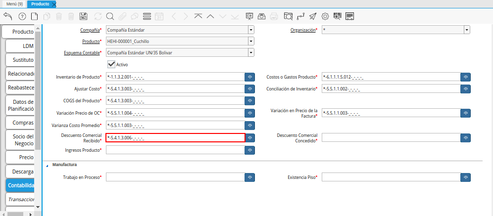 Combinación Contable del Campo Descuento Comercial Recibido