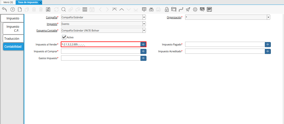 Combinación Contable del Campo Impuesto al Vender de la Pestaña Contabilidad de la Ventana Tasa de Impuesto