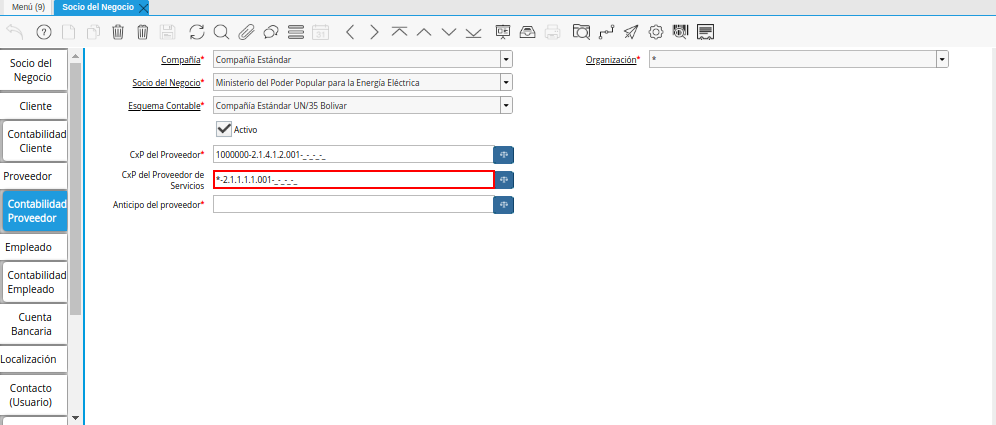 Combinación Contable del Campo CxP del Proveedor de Servicios
