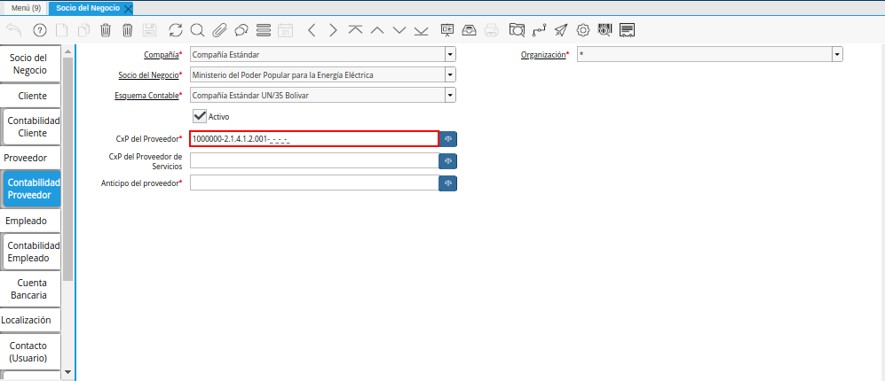 Combinación Contable del Campo CxP del Proveedor