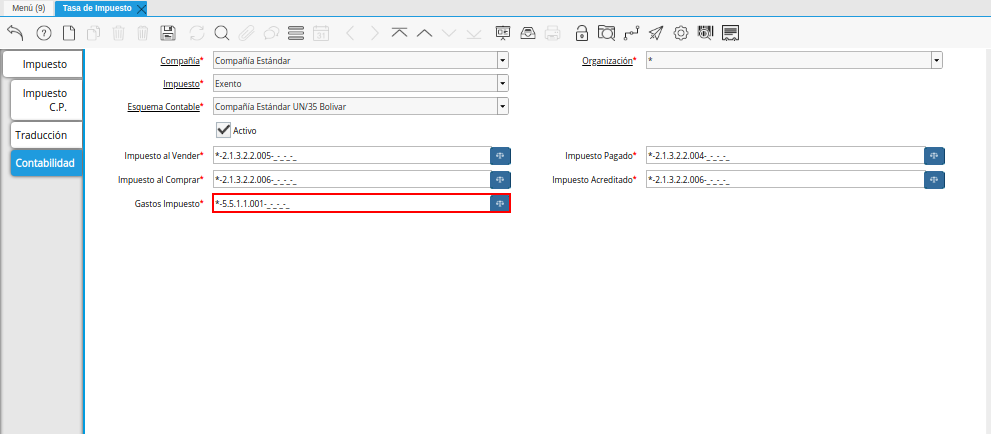 Combinación Contable del Campo Gastos Impuesto de la Pestaña Contabilidad de la Ventana Tasa de Impuesto