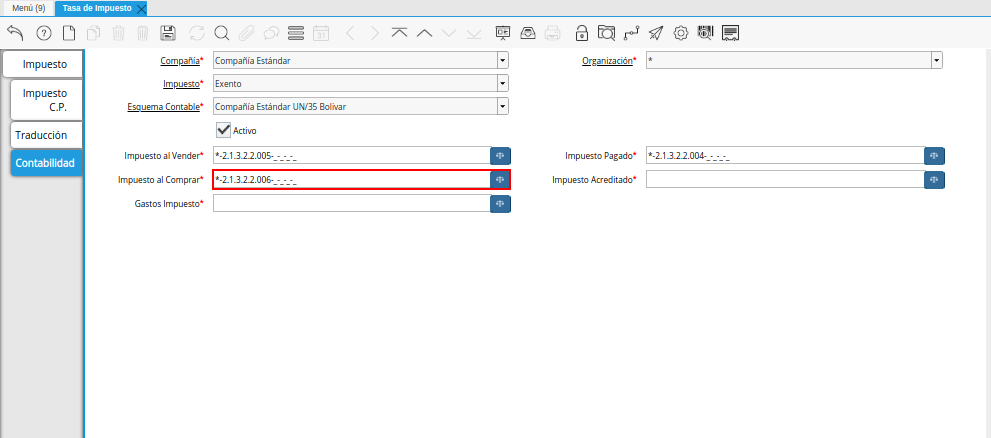 Combinación Contable del Campo Impuesto al Comprar de la Pestaña Contabilidad de la Ventana Tasa de Impuesto