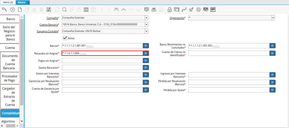 Combinación Contable del Campo Recaudos sin Asignar de la Pestaña Contabilidad de la Ventana Banco