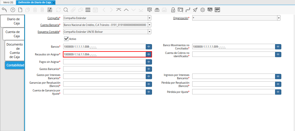 Combinación Contable del Campo Recaudos sin Asignar de la Pestaña Contabilidad de la Ventana Definición de Diario de Caja
