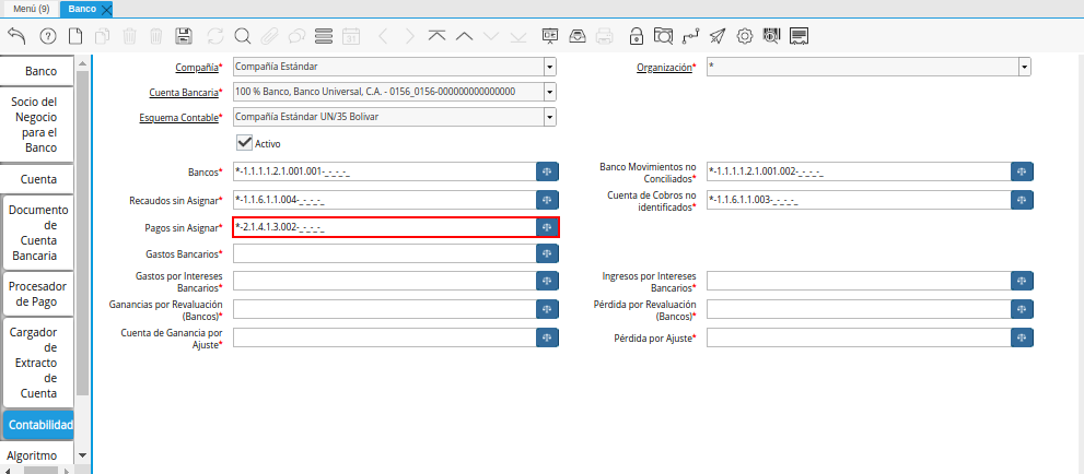 Combinación Contable del Campo Pagos sin Asignar de la Pestaña Contabilidad de la Ventana Banco