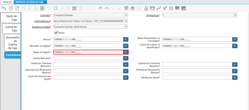 Combinación Contable del Campo Pagos sin Asignar de la Pestaña Contabilidad de la Ventana Definición de Diario de Caja
