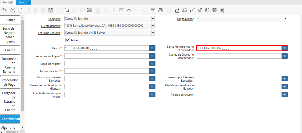 Combinación Contable del Campo Banco Movimientos no Conciliados de la Pestaña Contabilidad de la Ventana Banco