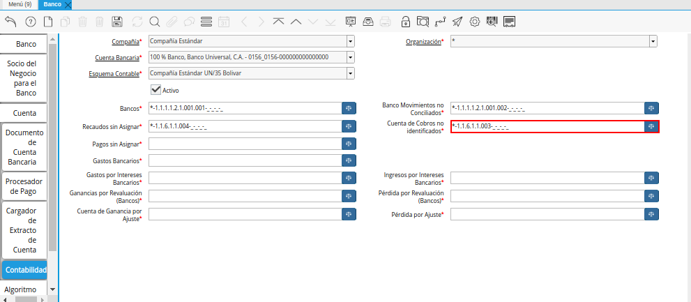 Combinación Contable del Campo Cuenta de Cobros no identificados de la Pestaña Contabilidad de la Ventana Banco