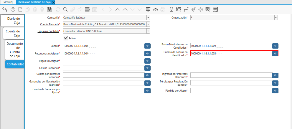Combinación Contable del Campo Cuenta de Cobros no identificados de la Pestaña Contabilidad de la Ventana Definición de Diario de Caja