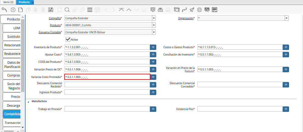 Combinación Contable del Campo Varianza Costo Promedio