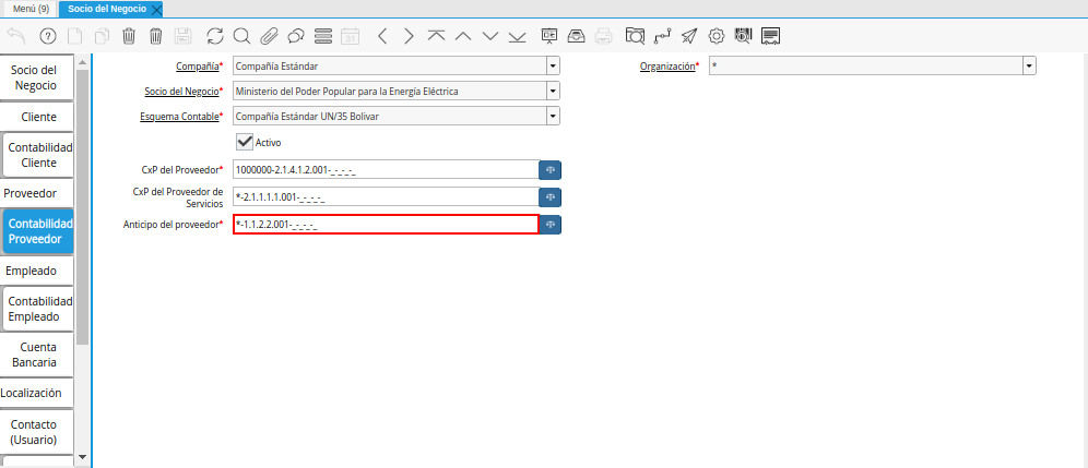 Combinación Contable del Campo Anticipo del Proveedor