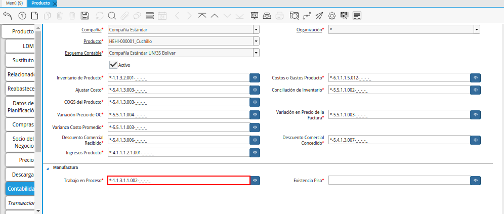 Combinación Contable del Campo Trabajo en Proceso