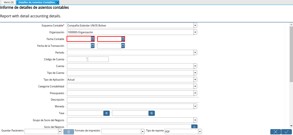 Campo Fecha Contable de la Ventana Detalles de Asientos Contables