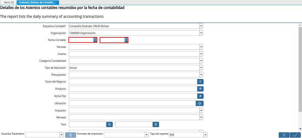 Campo Fecha Contable de la Ventana Asientos Diarios de Contabilidad