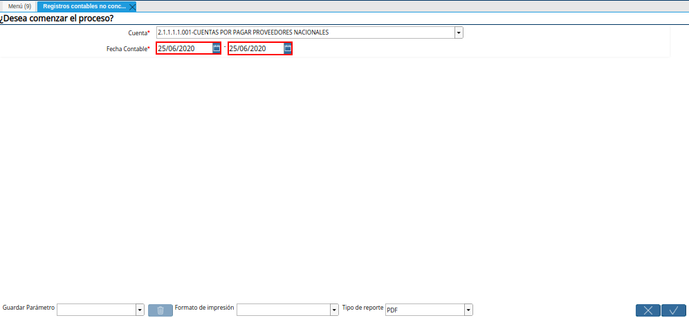 Campo Fecha Contable de la Ventana Registros Contables No Conciliados