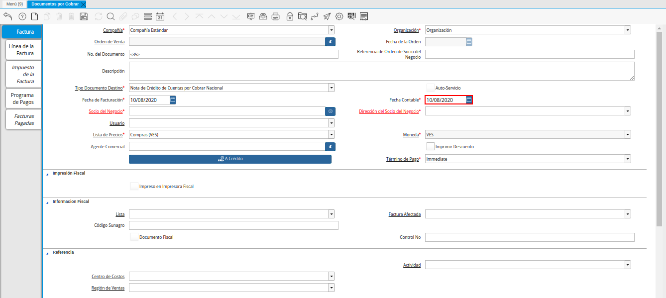 Campo Fecha Contable de la Nota de Crédito de CxC