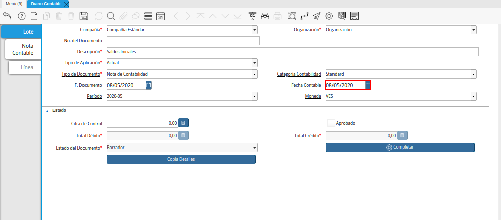 Campo Fecha Contable de la Pestaña Lote Contable de la Ventana Diario Contable