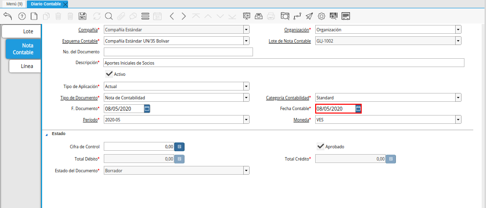 Campo Fecha Contable de la Pestaña Nota Contable de la Ventana Diario Contable