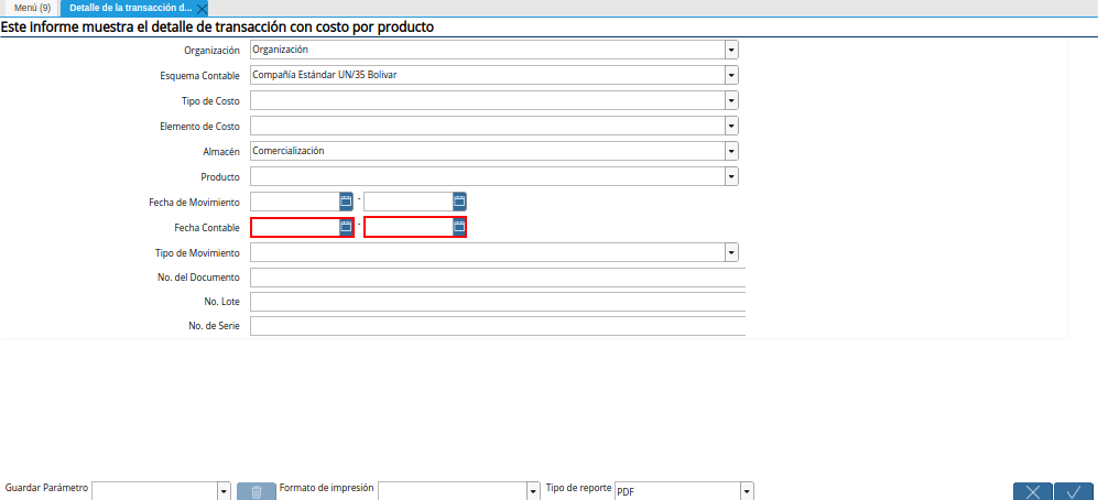 Campo Fecha Contable de la Ventana Detalle de la Transacción de Costos