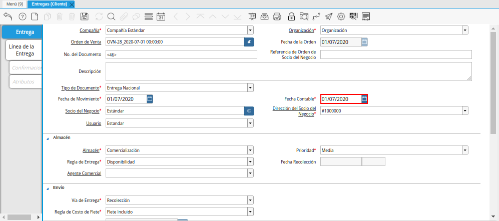Campo Fecha Contable de la Ventana Entregas Cliente