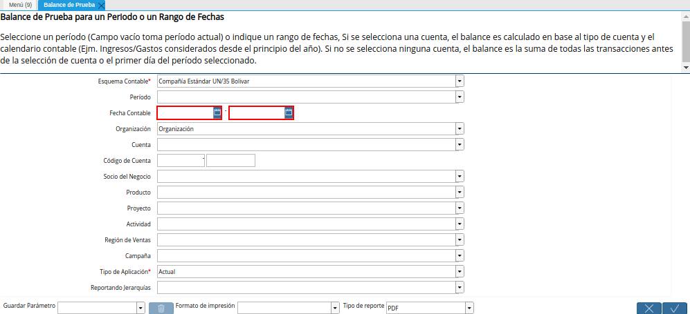 Campo Fecha Contable de la Ventana Balance de Prueba