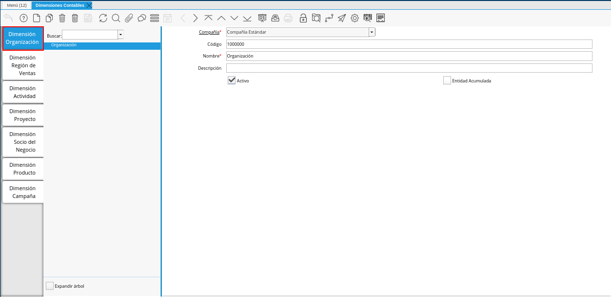 Pestaña Dimensión Organización
