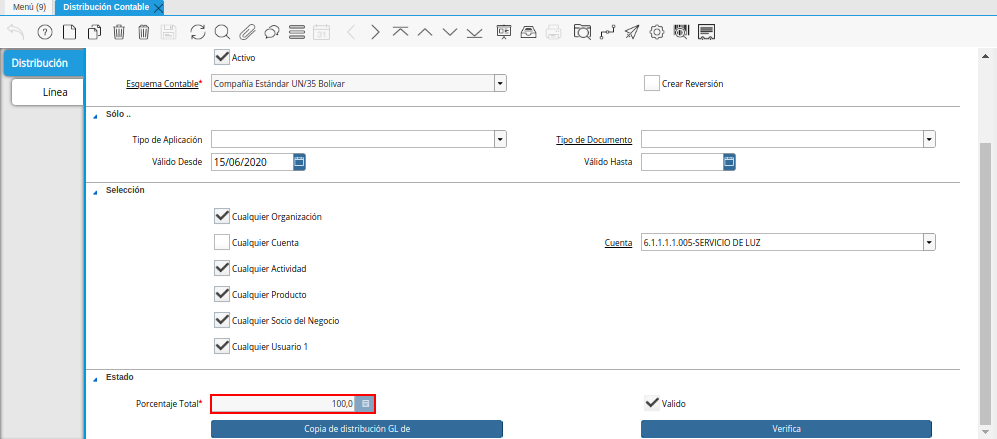 Pestaña Distribución Contable y Campo Porcentaje Total
