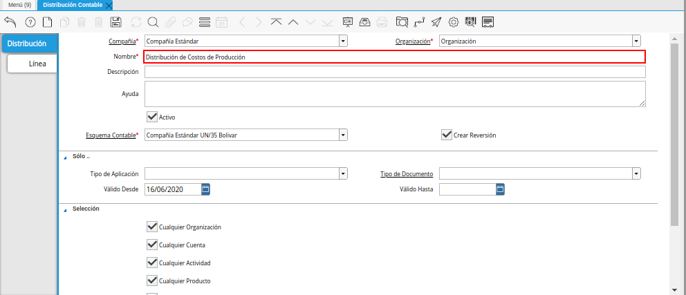 Campo Nombre de la Ventana Distribución Contable