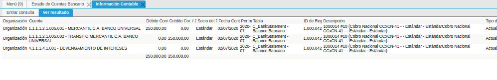 Asiento Contable de la Ventana Estado de Cuentas Bancario del Proceso de Ingreso