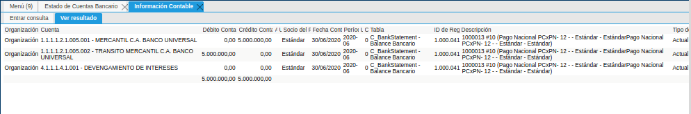 Asiento Contable de la Ventana Estado de Cuentas Bancario