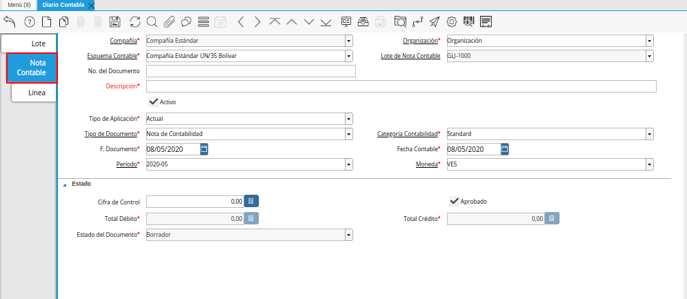 Pestaña Nota Contable de la Ventana Diario Contable