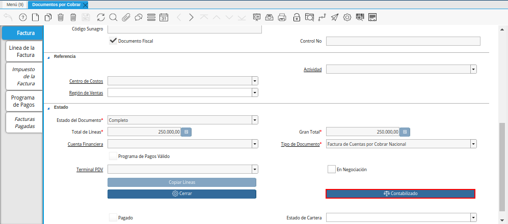 Opción Contabilizado de la Ventana Documentos por Cobrar
