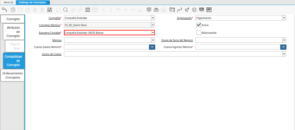 Campo Esquema Contable de la Pestaña Contabilidad de Concepto