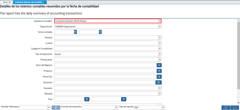 Campo Esquema Contable de la Ventana Asientos Diarios de Contabilidad
