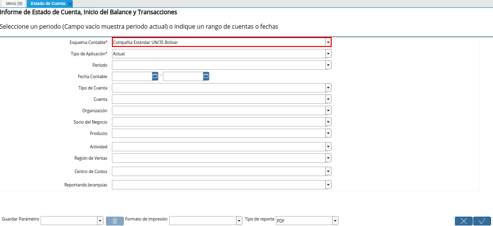 Campo Esquema Contable de la Ventana Estado de Cuenta