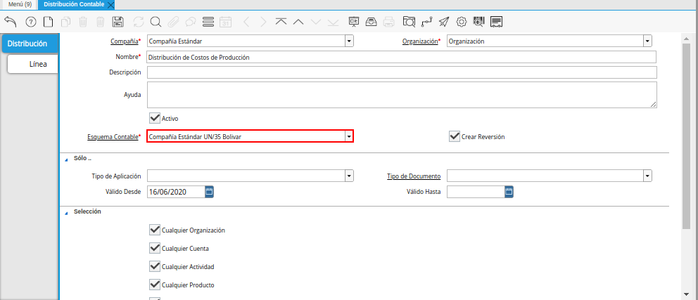 Campo Esquema Contable de la Ventana Distribución Contable
