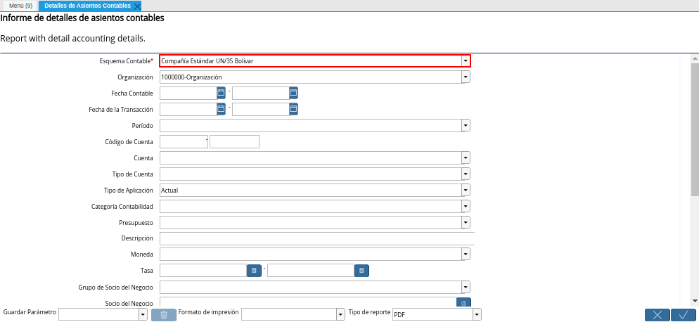 Campo Esquema Contable de la Ventana Detalles de Asientos Contables