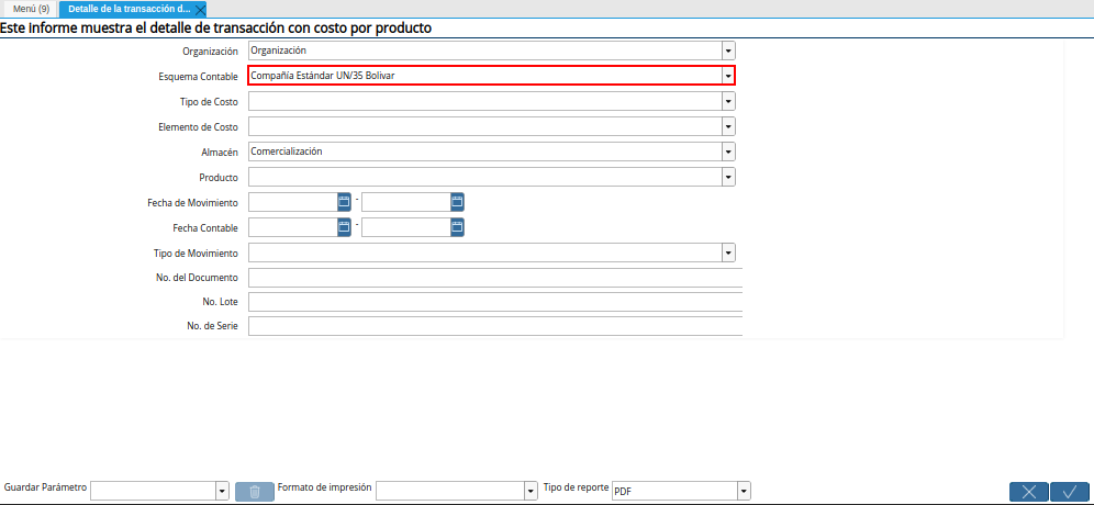 Campo Esquema Contable de la Ventana Detalle de la Transacción de Costos